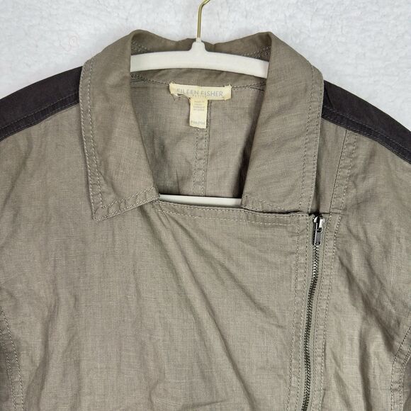 Eileen Fisher Coated Organic Linen Jacket Asymmetrical Zip Petite M Stone Moto - Picture 4 of 16